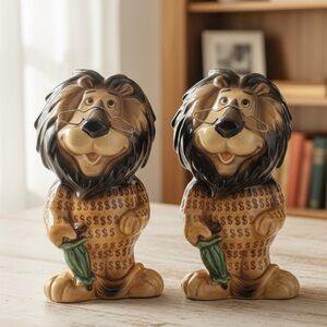 Vtg Lefton Hubert the Lion Ceramic Banks - Set of 2 - Harris Bank Mascot